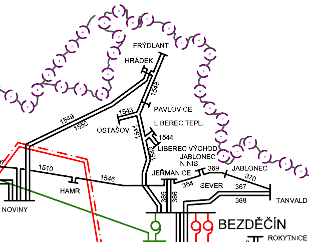 Výřez 25: Schéma propojení rozvodné sítě na Liberecku prostřednictvím nadzemního vedení kategorie VVN (zdroj: ČEPS, a.s., 2008) 7.3.