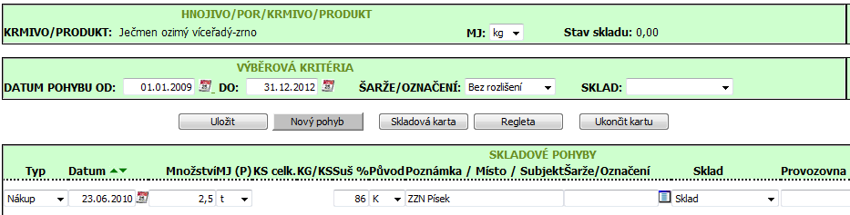 1 Nejprve na zvolené skladové kartě stisknu Nový pohyb, vyberu typ pohybu nákup a vyplním datum. 5 Na závěr formulář uložím.