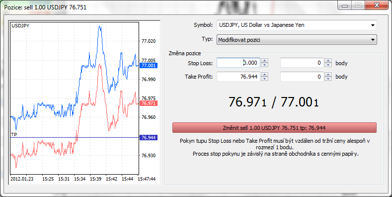 Nyní lze zadat nový příkaz Take Profit, a to buď v podobě pevné ceny (vepsáním nové ceny do pole Take Profit) nebo v bodech ve vztahu k aktuální ceně (pole body po pravé straně).