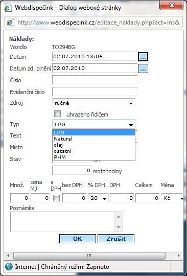 V případě použití tohoto nastavení se pak nabízí při ručním zadávání nákladů nastavené hodnoty. Jinak se nabízí výchozí hodnoty. 6.