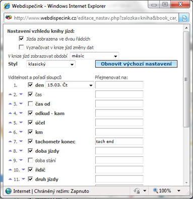 3.14 Nastavení vzhledu knihy jízd To lze provést po kliknutí na symbol.