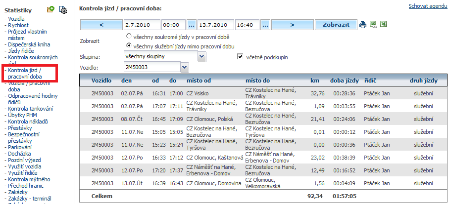 4.45 Statistika Jízdy řidiče Tato statistika zobrazuje jízdy pouze určitého řidiče za zvolené období. Lze také filtrovat, zda se budou zobrazovat všechny jízdy, pouze soukromé nebo pouze služební.