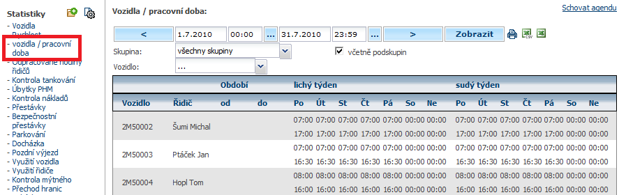 Pracovní dobu je možné nastavit v Nastavení/Vozidla. 4.48 Statistika Vozidla/Pracovní doba V této statistice uživatel přehledně vidí nastavené pracovní doby jednotlivých vozidel. 4.49 Statistika Odpracované hodiny řidičů Tato statistika předpokládá, že řízení vozidla je práce řidiče.