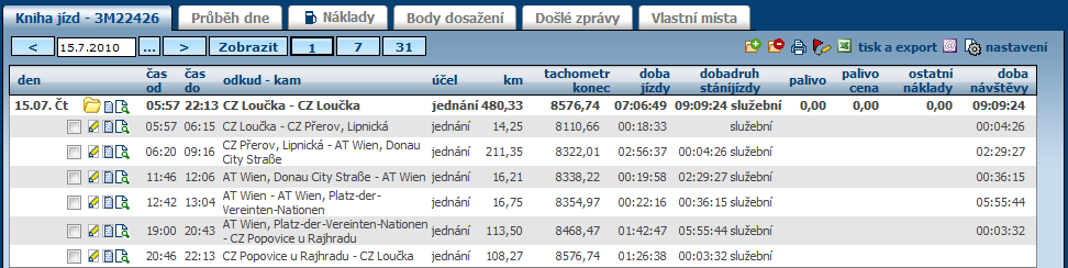 Na Vyúčtování pracovní cesty je vidět jak se automaticky doplnily jízdy v