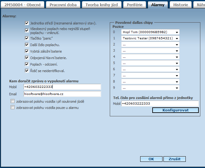 Záloţka Alarmy slouţí k nastavení poplachových zpráv. Uţivatel má moţnost si vybrat z několika druhů alarmových zpráv a ty pak mohou být zasílány na zvolené mobilní číslo nebo e-mail.