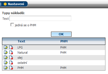 5.17 Typy nákladů Jedná se o nastavení nákladů a jejich případné označení jako PHM.