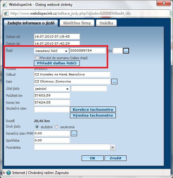 Dále se v editačním dialogu jízdy objeví nové poloţky Převést do seznamu Dallas chipů a Přiřadit Dallas řidiči.