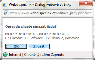 3.8 Vymazání jízdy Po kliknutí na ikonku Smazat jízdu je uţivatel dotazován na potvrzení tohoto záměru. Pokud i přesto jízdu smaţe, zůstane v knize jízd mezera, tedy KJ nebude navazovat.