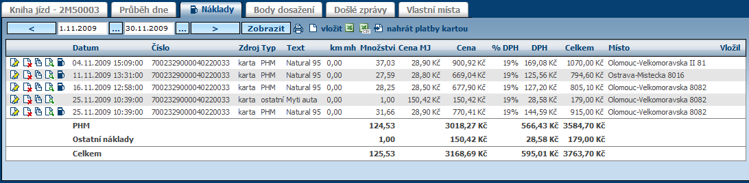 3.16 Náklady Agenda náklady slouţí pro evidenci veškerých nákladů spojených s provozem vozidla. Záznam s předkontací PHM (typ nákladů) jsou brány jako tankování a mnoţství je bráno v litrech.