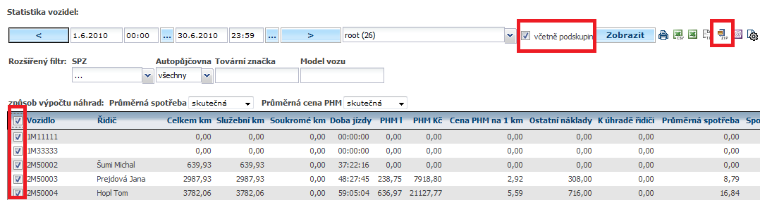 vzhledu statistik pouze ty sloupce, které uţivatele zajímají. Data je moţné také exportovat nebo tisknout. Kromě toho je moţné ji vyuţít pro hromadný export knih jízd vybraných vozidel. 3.24.