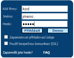 1.4 Přihlášení do systému Po uzavření smlouvy obdrţí uţivatel přihlašovací údaje pro přístup do aplikace, jedná se o kód firmy, přihlašovací jméno a heslo.