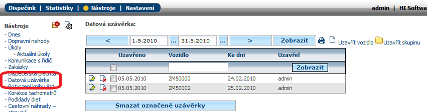 4.7 Datová uzávěrka Tato funkce uzamkne knihu jízd zvoleného vozidla, případně celé skupiny vozidel.