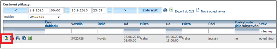 Taková objednávka je pak zvýrazněna v kalendáři a po kliknutí na daný den je moţné zobrazit podrobnosti případně i vytisknout formulář Cestovní příkaz.