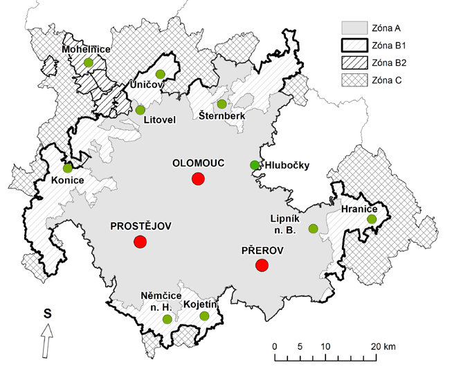 8 Socioekonomická analýza území / Vymezení aglomerace, základní popis Zóna A představuje území s nejintenzivnějšími interakcemi s jádry aglomerace, zahrnuje města Olomouc, Prostějov, Přerov s počtem