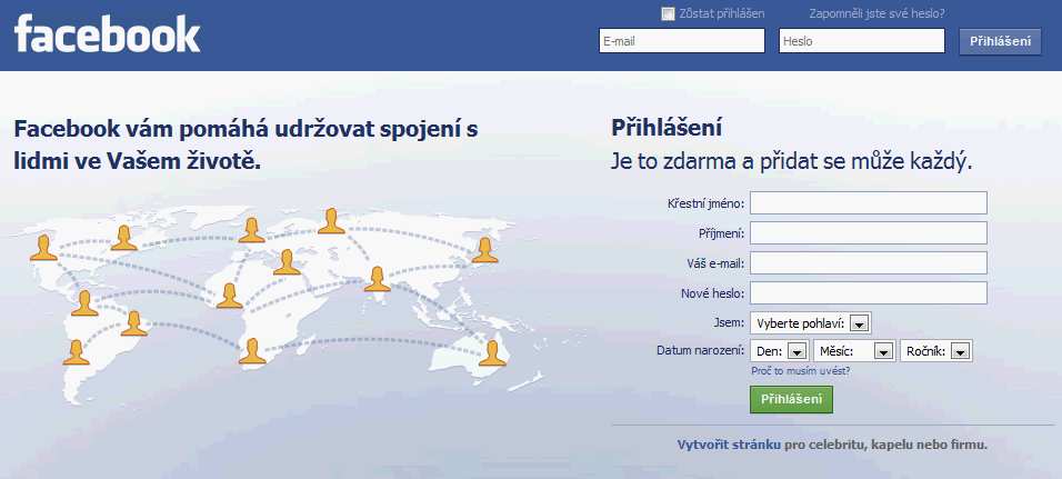 Úvodní přihlašovací stránka internetové sociální sítě Facebook Jestliže počet českých uživatelů
