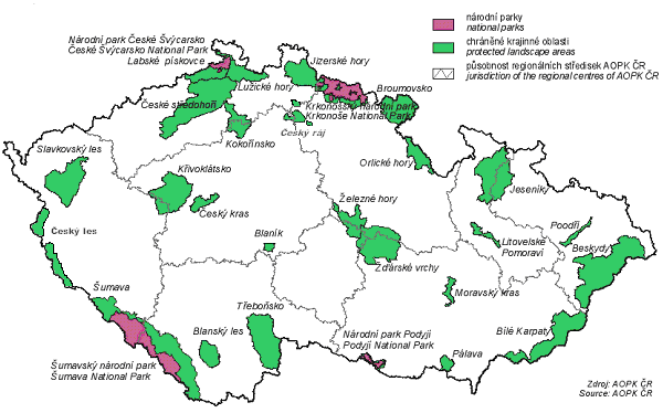 Kartogram č. 5: Velkoplošná chráněná území k 31.12.2005 Přes čtyři pětiny rozlohy všech zvláště chráněných území jsou spravovány v reţimu CHKO.