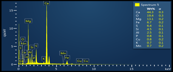 Chemickou analýzou popolčeka bol stanovený obsah: 51,62 % SiO 2, 17,16 % Al 2 O 3, 6,96 % Fe 2 O 3 a 9,19 % s. ž.