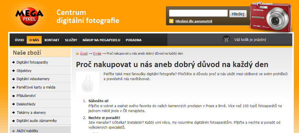 Obrázek 4: Příklad stránky se seznamem důvodů, proč nakoupit u daného prodejce, na webu Megapixel.cz. Zdroj: http://www.megapixel.