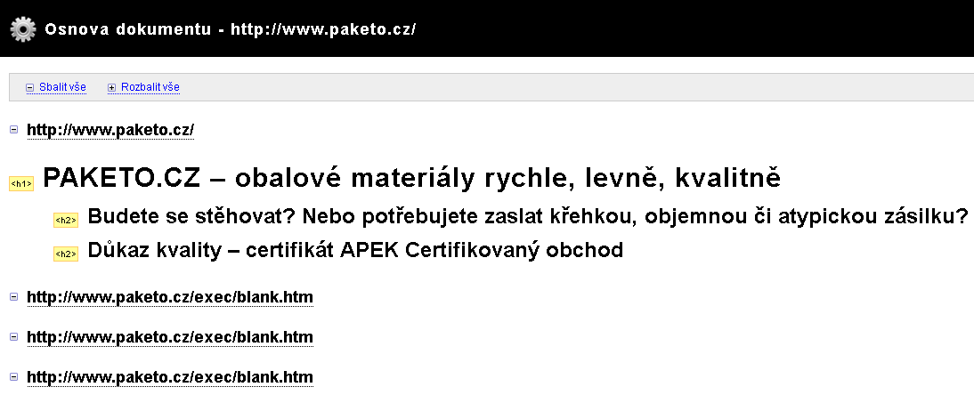 Rozbor H nadpisové struktury H nadpisovou strukturu nám přehledně a graficky znázorní již zmiňovaný nástroj Web Developer 1.1.9.