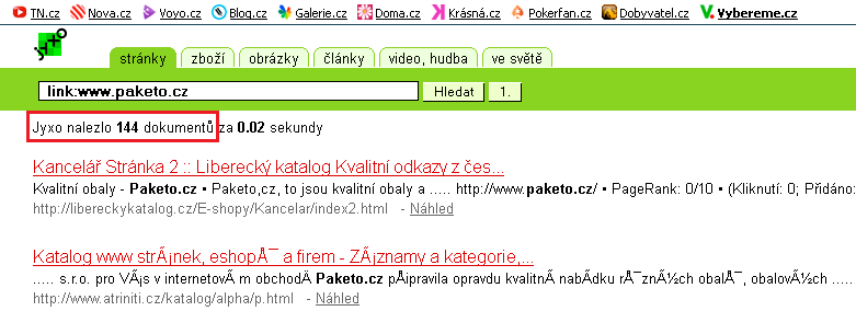 Obrázek 24: Příklad zadání příkazu pro zjištění počtu externích zpětných odkazů ve vyhledavači Jyxo.vybereme.cz 3.1.6 Návrh řešení zpětných odkazů U internetového obchodu Paketo.