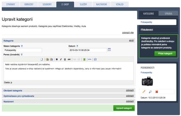 Formulář pro úpravu a vytváření nové kategorie Úprava nastavení kategorie Vytvořené kategorie vám budou postupně přibývat v