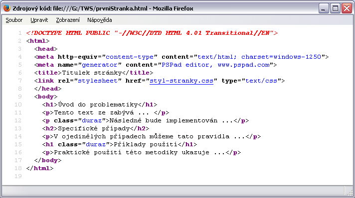 Obr. 7 První internetová stránka v prohlížeči Mozilla Firefox Zdroj: vlastní Tím jsme vytvořili první internetovou stránku!