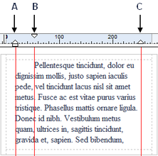 244 Práce s textem (A) Levé odsazení, (B) Odsazení prvního řádku (C) Pravé odsazení. Levé odsazení se nastavuje vzhledem k levému okraji objektu.