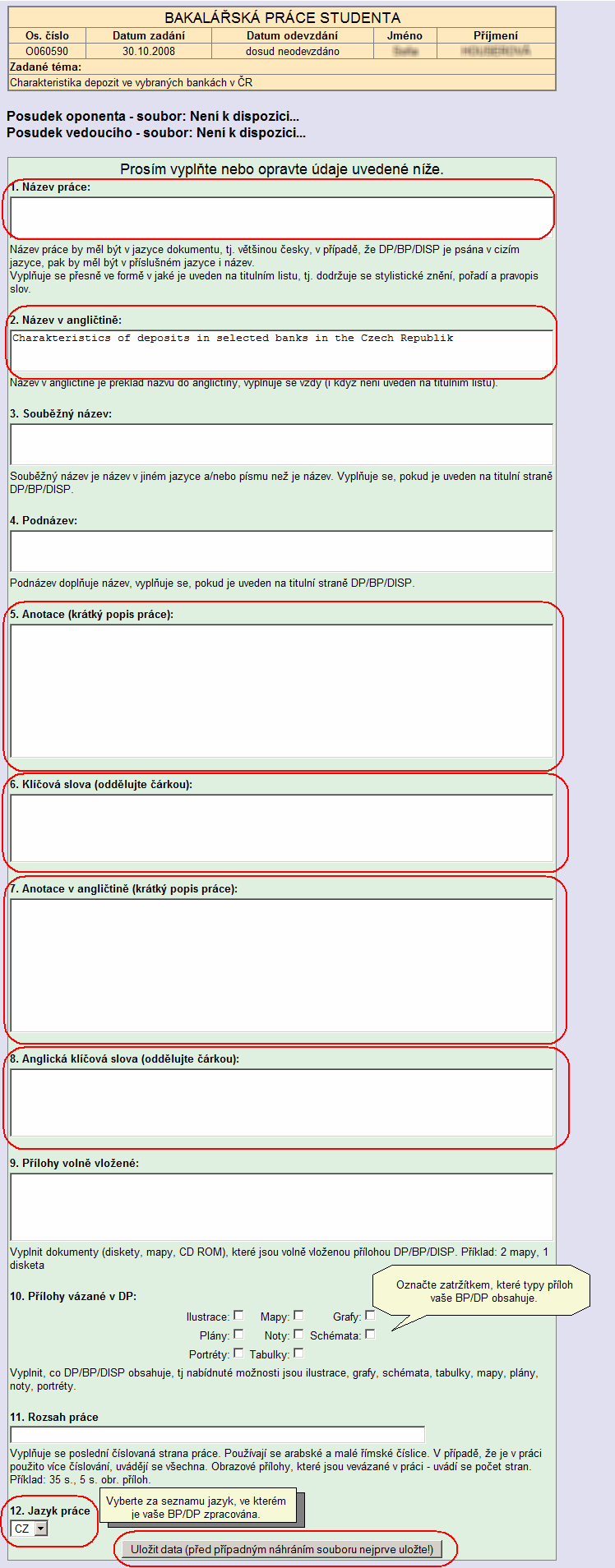 Obrázek 7-Formulář na doplnění údajů o BP/DP/RIGP/DISP studentem.