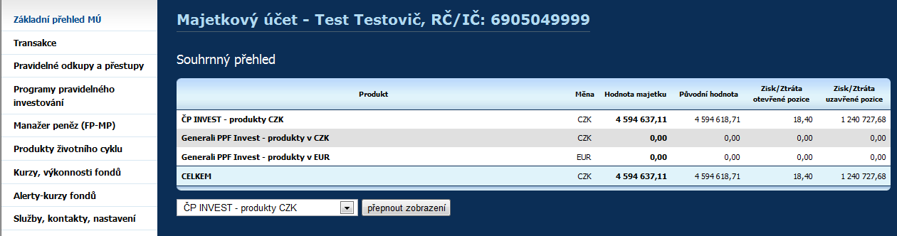 2. Co naleznete na úvodní obrazovce? a) V pravém rohu naleznete své jméno, příjmení, číslo smlouvy a možnost Odhlásit se. b) V horní liště naleznete odkazy Majetkový účet, Produkty a Výpisy.