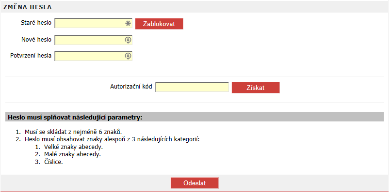 3.2 Nastavení hesla, autentizačních certifikátů a kontrola autorizačních prostředků Aplikace WebKlient umožňuje provést změnu hesla, vložit nový autentizační certifikát a provést kontrolu