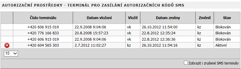 Obrázek 13 - Formulář autorizačních prostředků (mobilních čísel) 3.