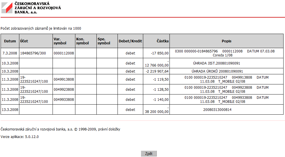 V pravém dolním rohu Pohybů na účtu se nachází Objem transakcí, tedy součet objemů pohybů za stránku a za celý vybraný filtr. 3.14.