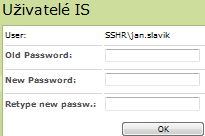 Uživatel zadá nejprve staré heslo (Old Password) a pak nové heslo (New Password) a potvrdí znovu nové heslo (Retype new passw.) a stiskne tlačítko OK.