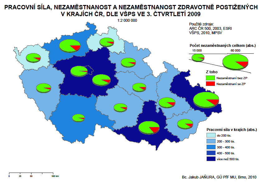 2. Mapa rozloţení pracovní síly a podílu zdravotně postiţených na