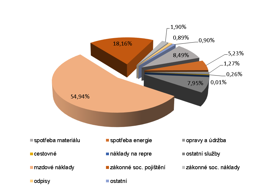 Jak je patrné z níže uvedeného grafu, největší položku výdajů tvoří mzdové náklady, 54,94% všech výdajů, s čímž souvisí i podíl druhé největší položky a tou je zákonné sociální pojištění, tedy