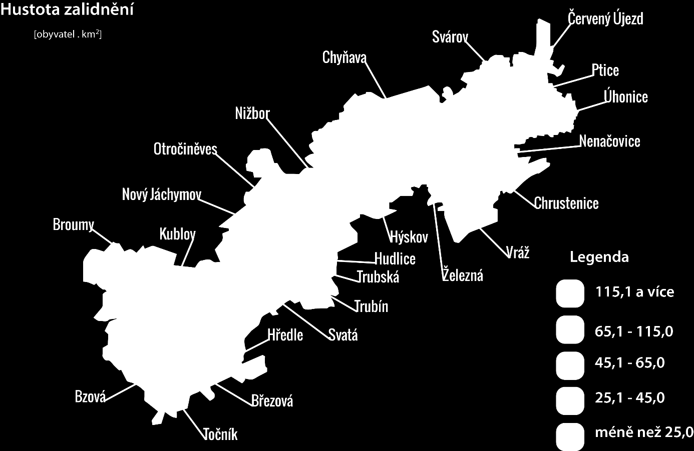 Obcemi s největší hustotou obyvatelstva jsou obce Hýskov, Červený újezd a Vráž. Naopak nejmenší počet obyvatel na km 2 mají obce Hředle, Broumy a Točník, jak je vidět z následující mapy.