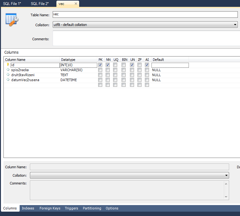 Obrázek 28 tvorba tabulky v prostředí MySQL WorkBench (Zdroj: Autor) 8.1.2. Tvorba aktualizačního programu Aktualizační program má odpovídat funkcionalitě popsané v kapitole 5.2.3 a 6.4.