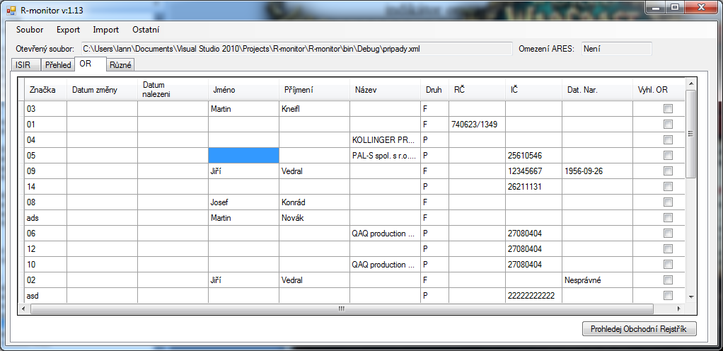 Obrázek 33 okno monitorovacího programu s pohledem "Přehled" (Zdroj: Autor) Obrázek 34 okno monitorovacího programu s pohledem "OR" (Zdroj: Autor) Zástupce Společnosti s navrženým řešením souhlasil.