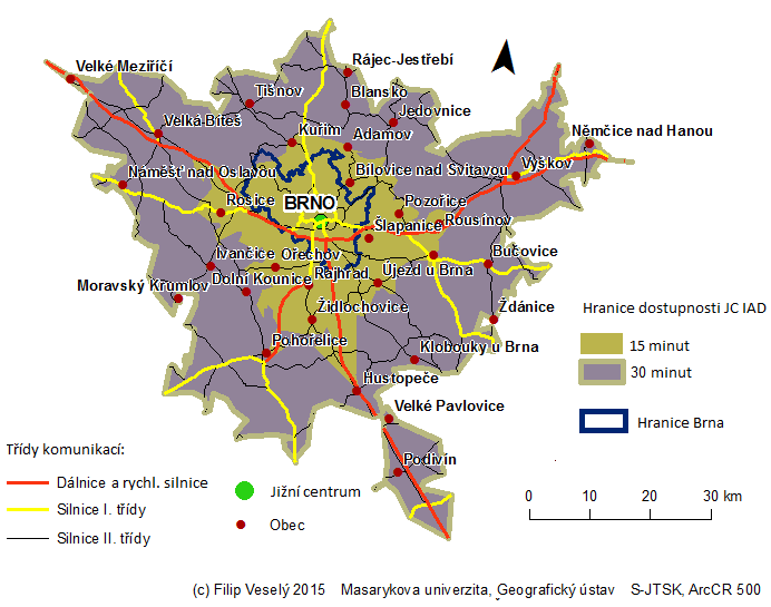 Tab. 2: Počet obyvatel v zónách podle dostupnosti Jižního centra Dostupnost Celé území Brno Území bez Brna do 15 minut 557 558 379 452 178 106 do 30 minut 977 445 379 452 597 993 Zdroj dat: ARCDATA