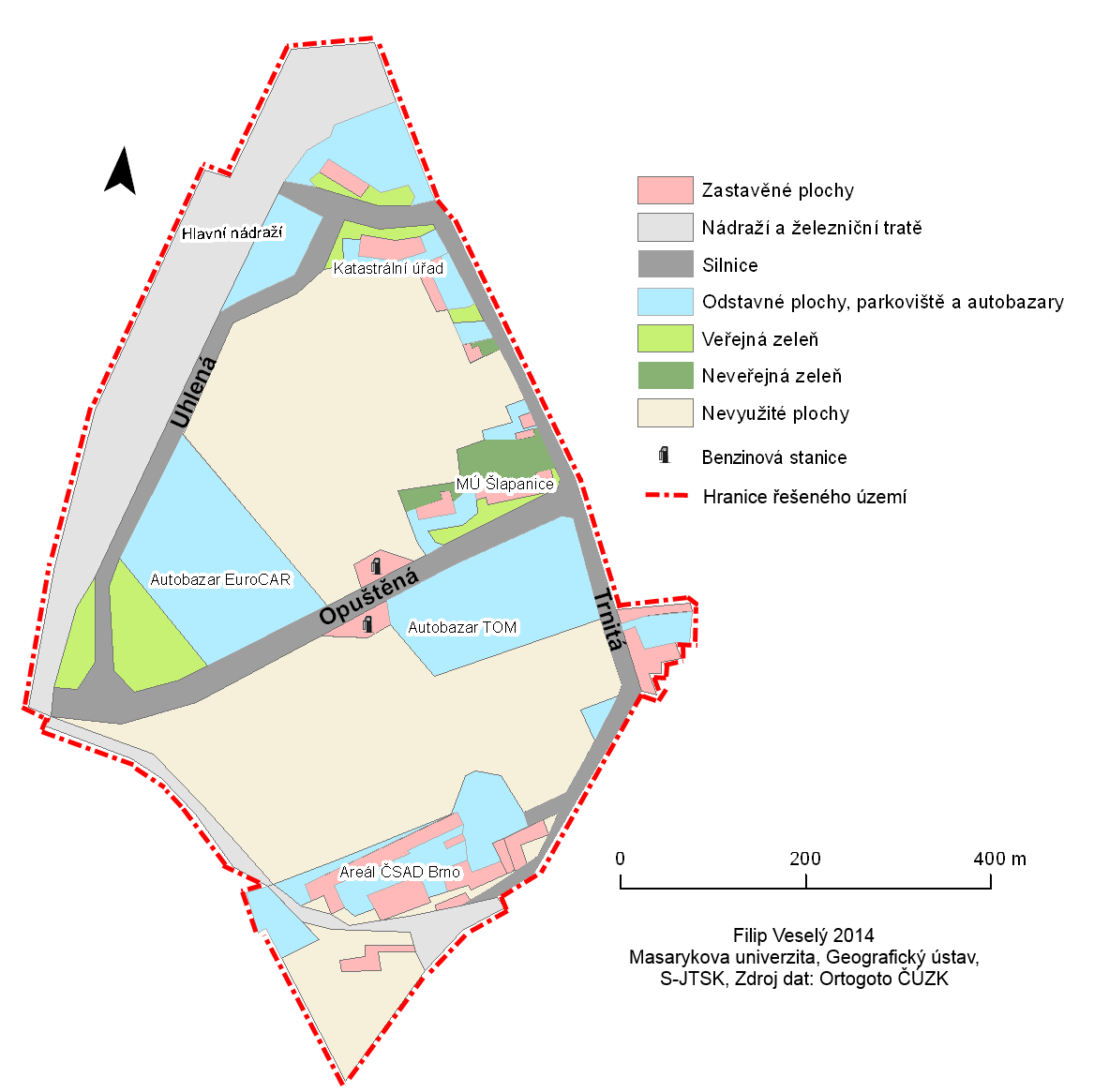 Obr. 11: Land use v řešeném území k lednu 2014 Zdroj: Vlastní tvorba na základě ČÚZK ortofota (WMS) Jak již bylo řečeno, využití území neodpovídá poloze.