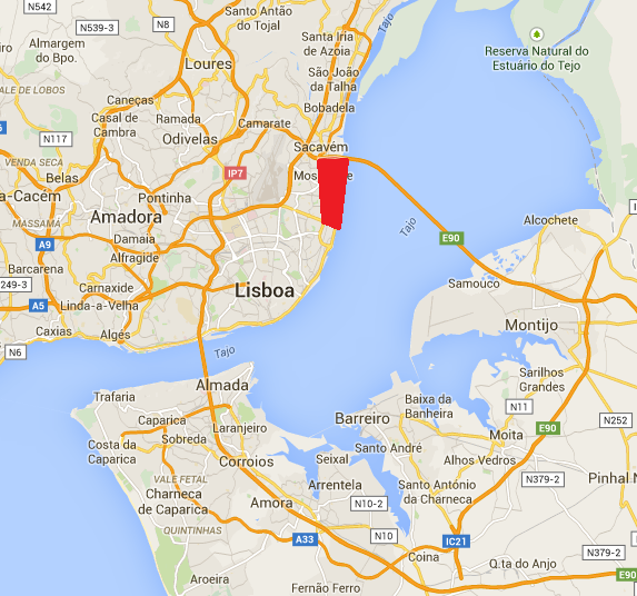 Obr. 24: Lokalizace Parque das Nações vrámci Lisabonu (vyznačena červeně) Zdroj: GOOGLE MAPS.COM, 2015 Tato lokalita byla dříve využívána jako průmyslová zóna, respektive jako rafinerie.