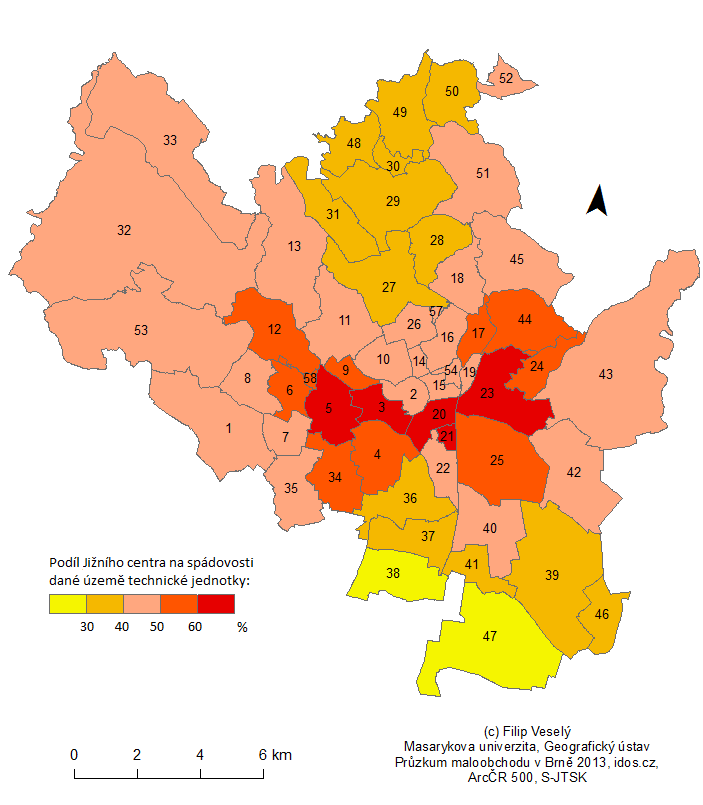 Obr. 38: Podíl Jižního centra na dojížďce za nákupy za ÚTJ při realizaci Jižního centra Zdroj dat: PRŮZKUM MALOOBCHODU, 2013, IDOS.CZ, 2013, ArcČR 500, vlastní výpočty a tvorba 4.