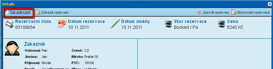 Poznámka: Po zpevnění rezervace je nutné vytisknout cestovní smlouvu kliknutím na, tuto smlouvu nechat podepsat od klienta, označit ji Vaším razítkem a podpisem a zaslat na smlouvy@ckneckermann.cz.