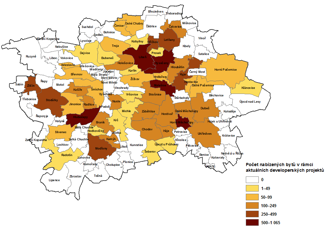 Pro sledování změn územních trendů v bytové výstavbě má vyšší vypovídací schopnost porovnání hodnot z let 2010, 2011 a 2012, kdy byl celkový objem bytů v Praze, nabízený v rámci developerských
