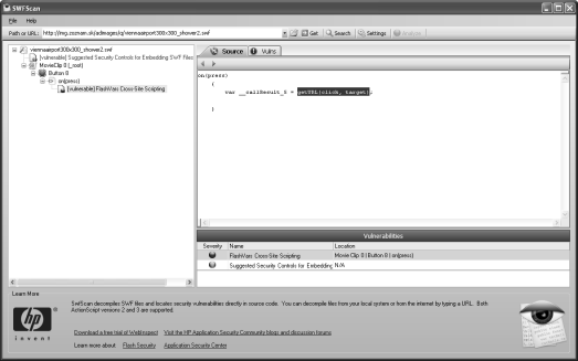 138 Cross-Site Scripting v praxi Dekompilace SWF souborů Abychom dokázali slabé místo ve flashové aplikaci nalézt, musíme si na konkrétní flashový objekt důkladně posvítit.