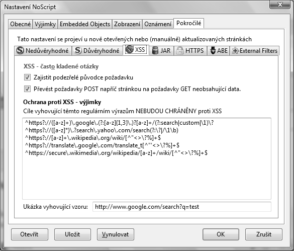 254 Cross-Site Scripting v praxi Samotné filtrování obsahu může být realizováno na základě blacklistu nebo whitelistu. Doplněk tedy musíte nejprve "naučit", jak se má na kterém webu chovat.