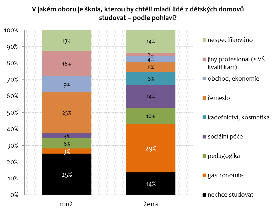 Významná věc, která se ukázala, ale není vidět z uváděných statistik, je to, že mezi mladými lidmi z dětských domovů nebyl zájem o studium na středních průmyslových školách a pouze jeden z dotázaných