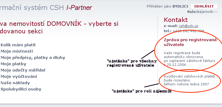 část Nástěnky. Zde nastavujete texty, které se zobrazí uživatelům systému na webových stránkách.