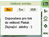 . Ovládací panel režimu Easy Ovládací panel umožňuje v režimu Easy přístup ke čtyřem položkám nastavení: velikost snímku, blesk, samospoušť a režim Easy.