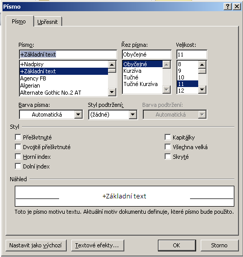 Formát písma nabízí následující možnosti: Typ písma, Velikost, Zvětšit Písmo, Zmenšit Písmo, Vymazat formátování, Tučně, Kurzíva, Podtržené, Přeškrtnuté, Horní index, Dolní index, Velká písmena,